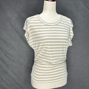 Michael Stars Joni Power Shoulder Tee Medium Oatmeal/Ivory Stripes Ruched Sides